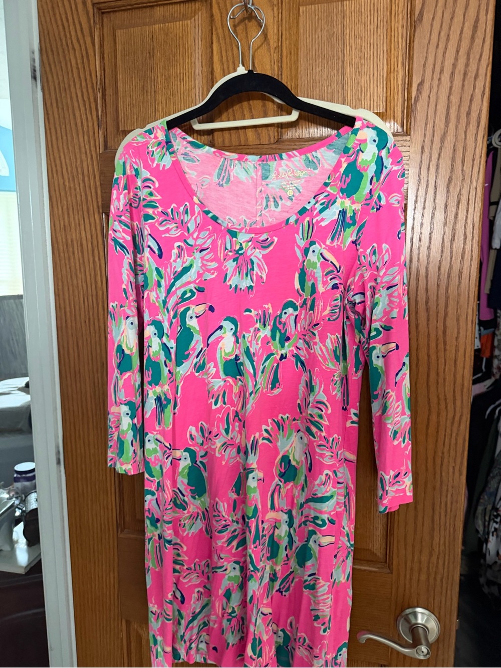 Lilly Pulitzer Pink Tropical Parrot Print Long Sleeve Dress